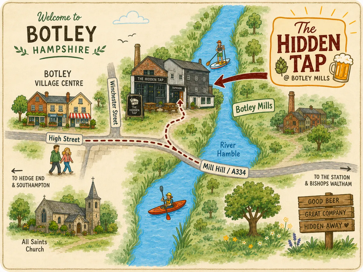 Cartoon directions map from Botley village centre to The Hidden Tap at Botley Mills beside the River Hamble